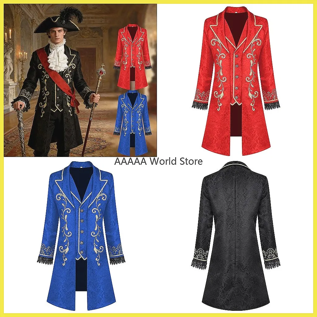 

18th Century Colonial Prince Costume, Halloween Pirate Cosplay Frock Coat with Vest & Tie for Men