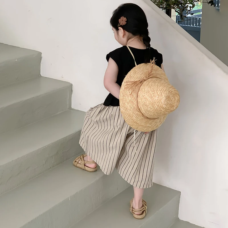 Summer Sleeveless Tops Loose Wide Leg Pants  Fashion Beach Suits Clothing Korean Style Kid Baby Girls Clothes Sets 3-8Y