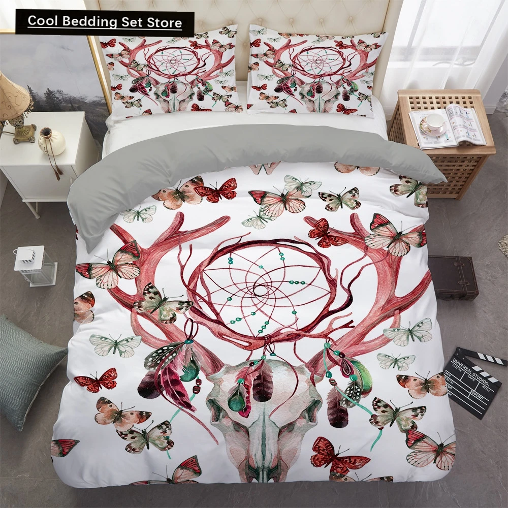 Dreamcatcher Elk King Queen Duvet Cover Bohemian Style Butterfly Bedding Set for Teens Girls Women Goat White 2/3pcs Quilt Cover