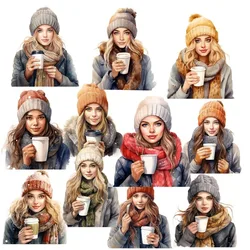 Cute  Hand Account  A girl wearing watercolor in winter and drinking coffee Stickers Girl Phone Case Photo Album DIY Decoration