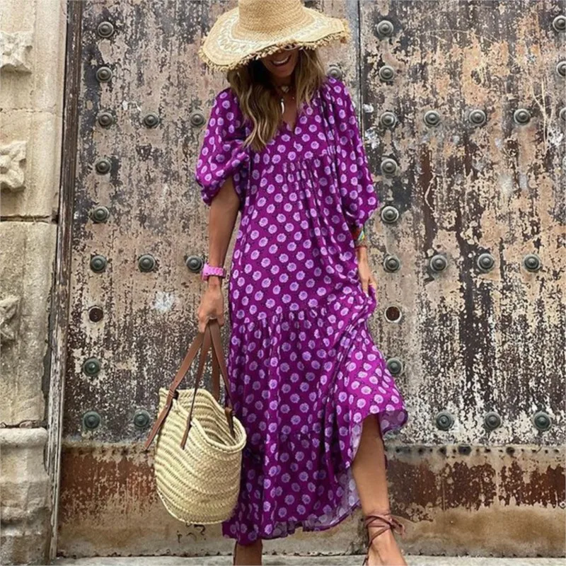 2024 Women Casual Fashion Puff Sleeve Boho Maxi Dress Beach Dresses Summer Floral Print V-Neck Party Vestidos