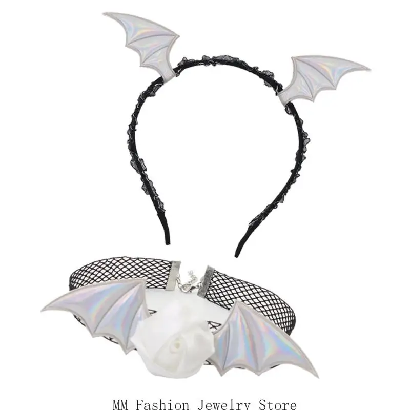 D0ub Devil Bat Hoofdband Bloem Lace Choker Set Demonen Kostuum Accessoires Dolls Toy Carnivals Halloween Cosplay Party Props