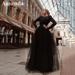 Amanda Sexy Open Back A-line Prom Dress Luxury Lace Long Sleeve فساتين السهرة Black Tulle Puffy Vestidos De Noche