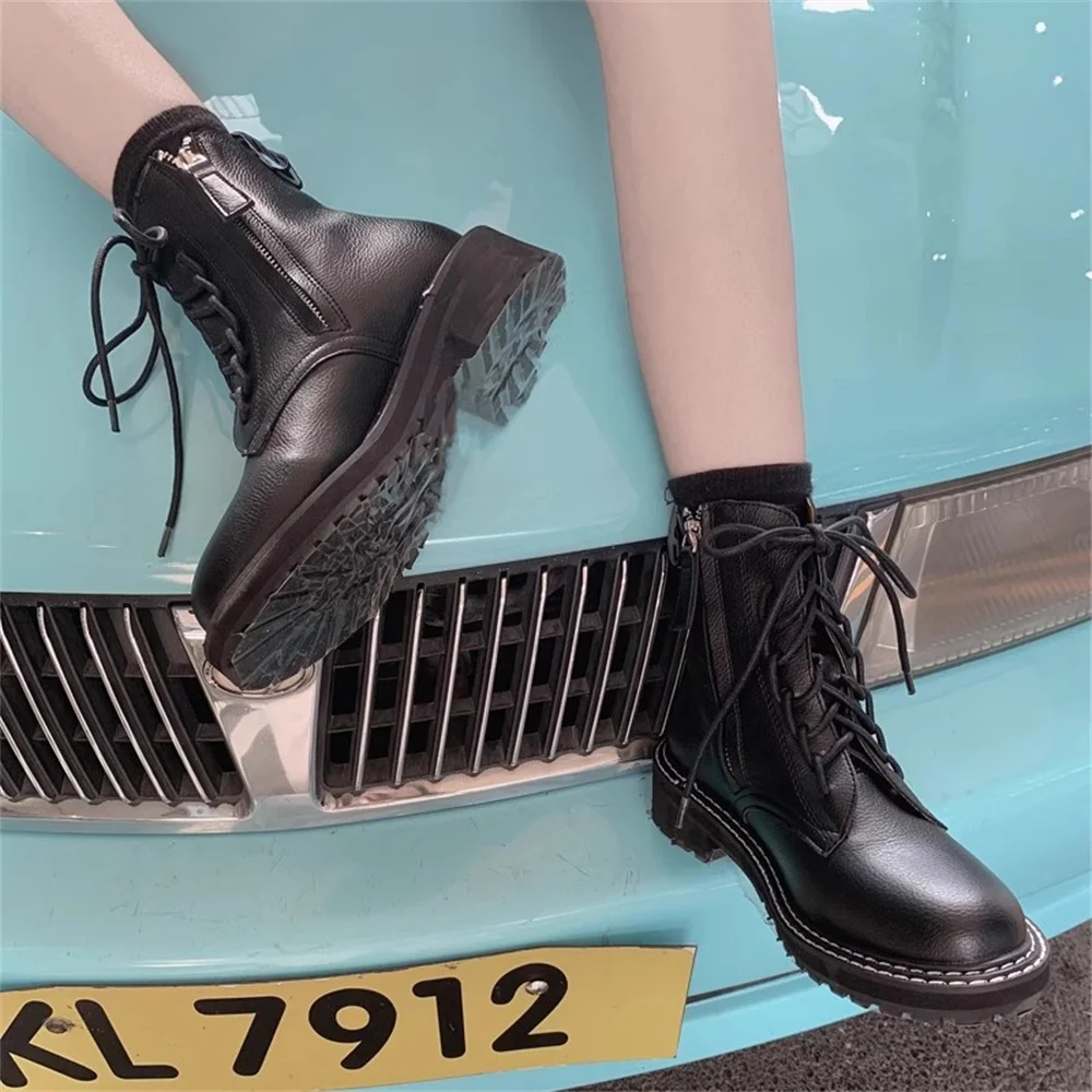 FEDONAS Genuine Leather Women Ankle Boots Thick Heels Platforms Booties Autumn Winter Shoes Casual Fashion Dress Motorcycle Boot