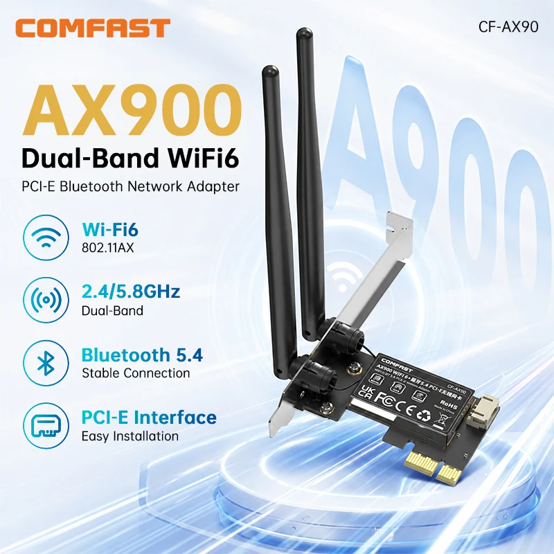

COMFAST AX900 WiFi6 PCI-E Network Card 900Mbps PCI-Express Wireless Adapter B.T 5.4 2.4/5.8G 802.11AX For PC Windows 10/11