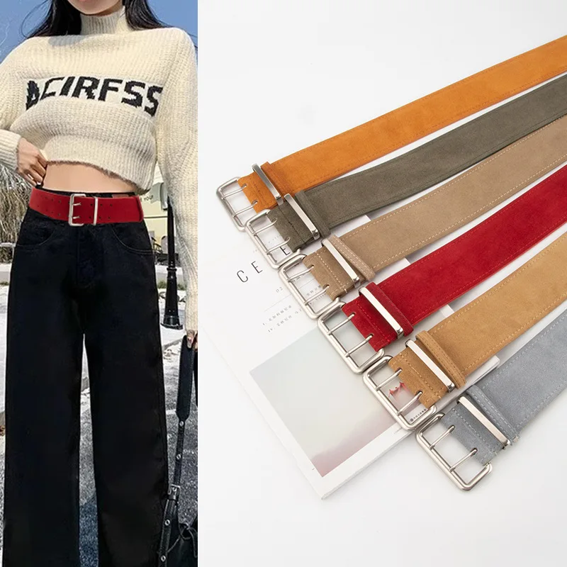 レディースブラウンベルトワイドレザーベルトレトロフロストスエードレディースベルトダブルロウピンバックル本革ベルト女性用