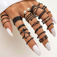 FNIO Trendy 22pcs Heart Black Rings Set For Women Hip Hop Geometric Cross Butterfly Finger Rings Women's Fashion Party Jewelry