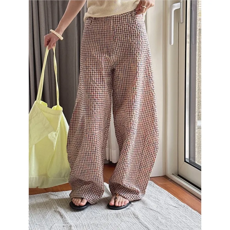 

B-TOTO Summer New Japanese Plaid High Waist Design Flax Curved Wide Leg Casual Style Fabric Light Breathable Silhouette Trousers