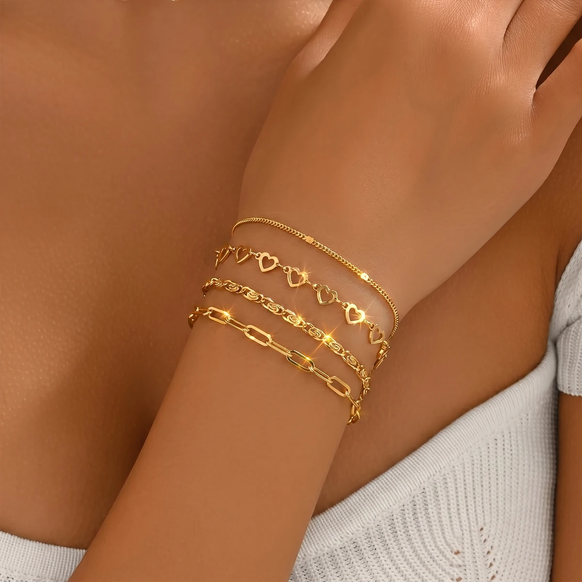4PCSFashionable and Exquisite Women's Pressed Hollow out Love Wanzi Cuban Bracelet,24k Gold Plated Non Fading,Daily Jewelry Gift