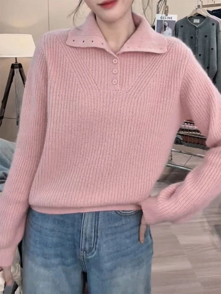 

Korean Sle Pure Color Flip Collar Knitwear Women's Faionable Slimming Top Large Size Autumn Winter New Arrival