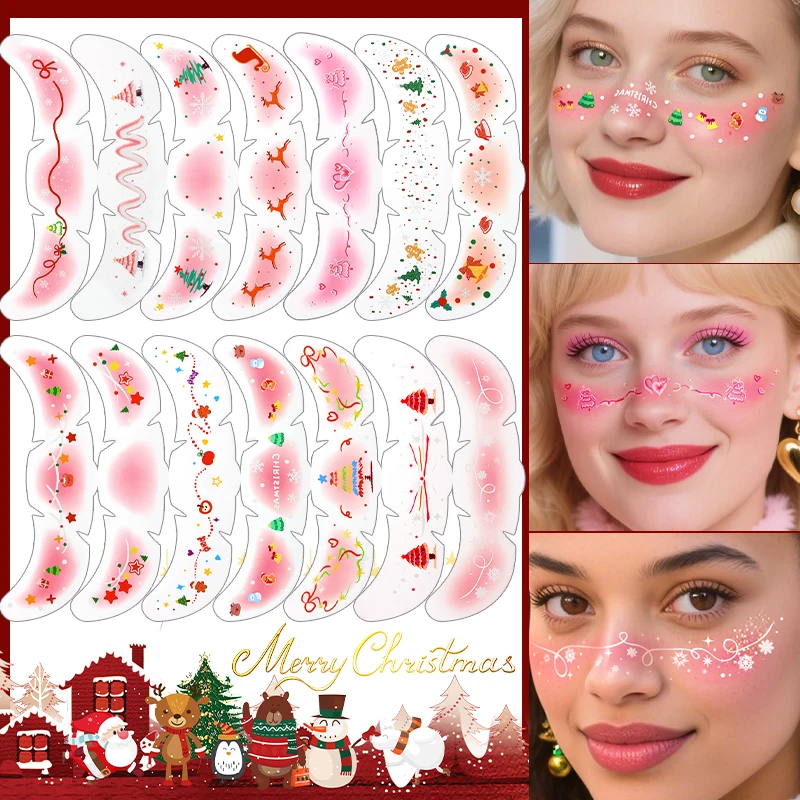 

14 шт. розовые рождественские татуировки на лицо, снежинки, олени, звезды, сердце, веснушки, временные татуировки, наклейки для фестиваля, вечеринки