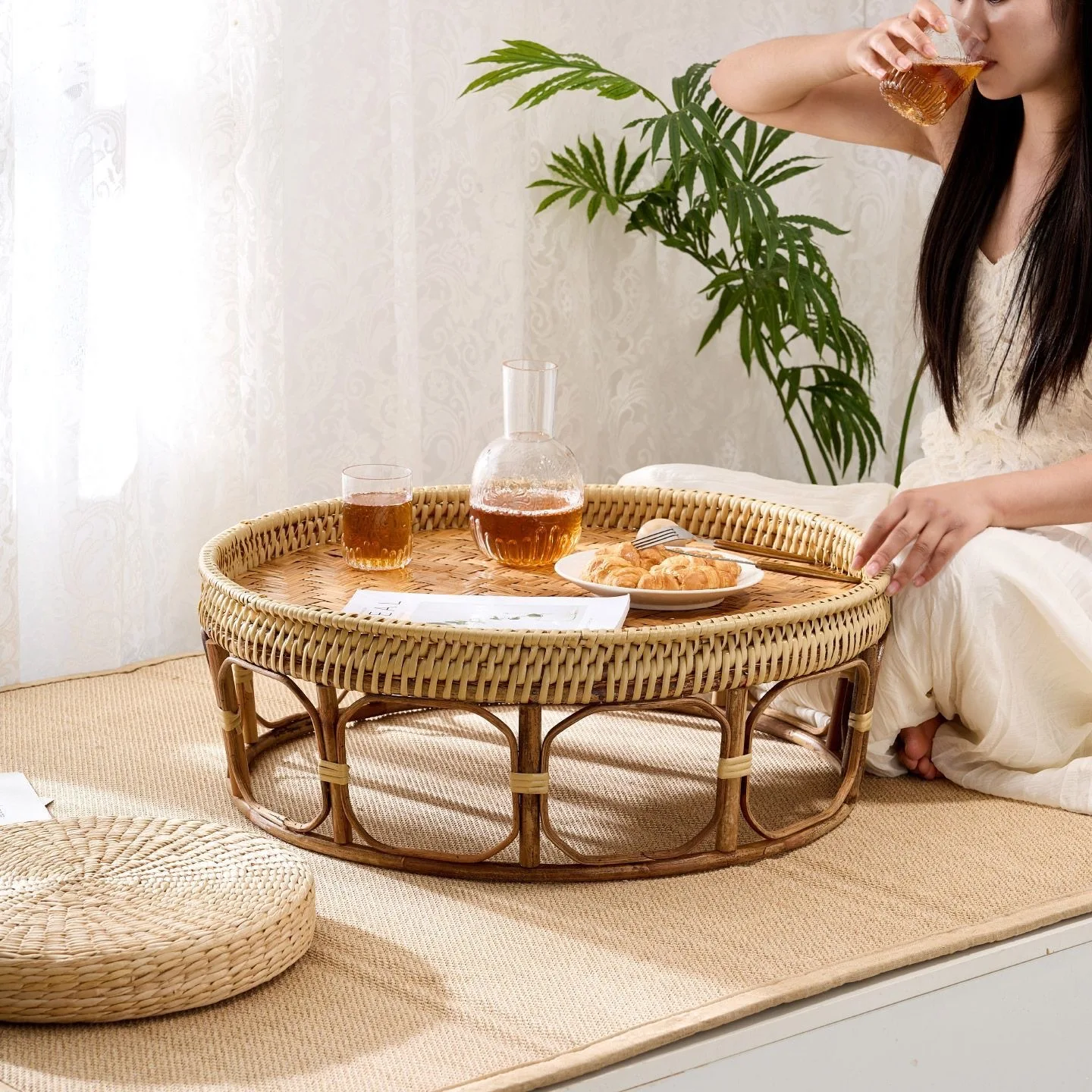 Rattan coffee table bay window tea table bamboo household tall fruit plate fruit basket light