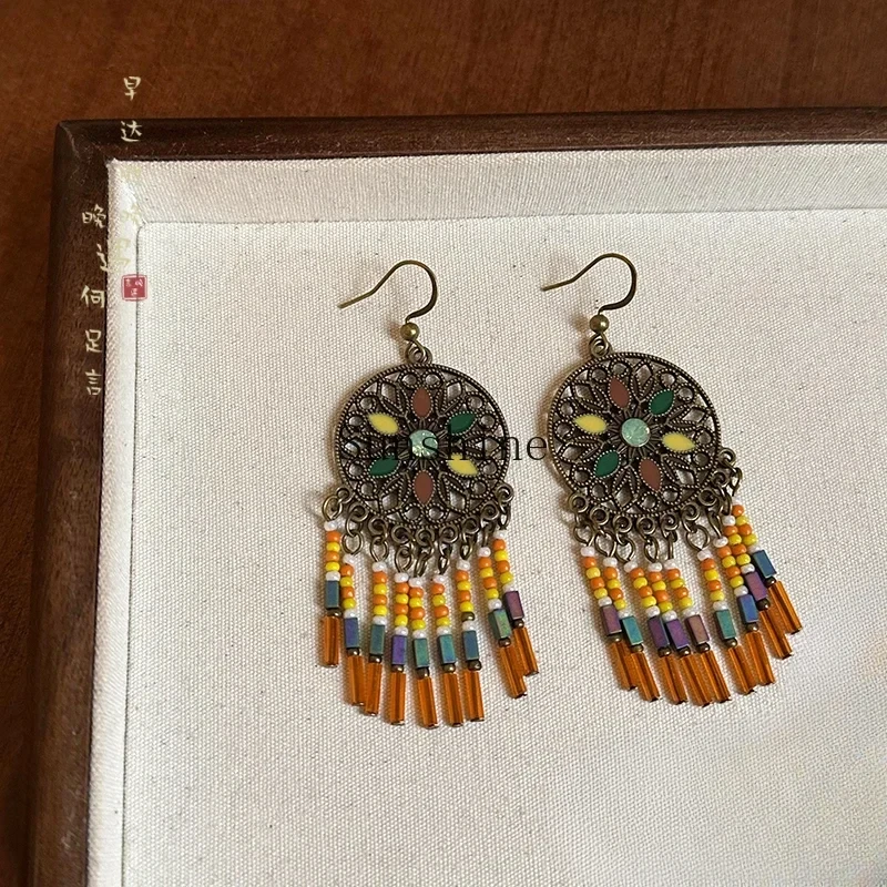 

New Chinese retro earrings ethnic style small rice beads fringed pendant earrings