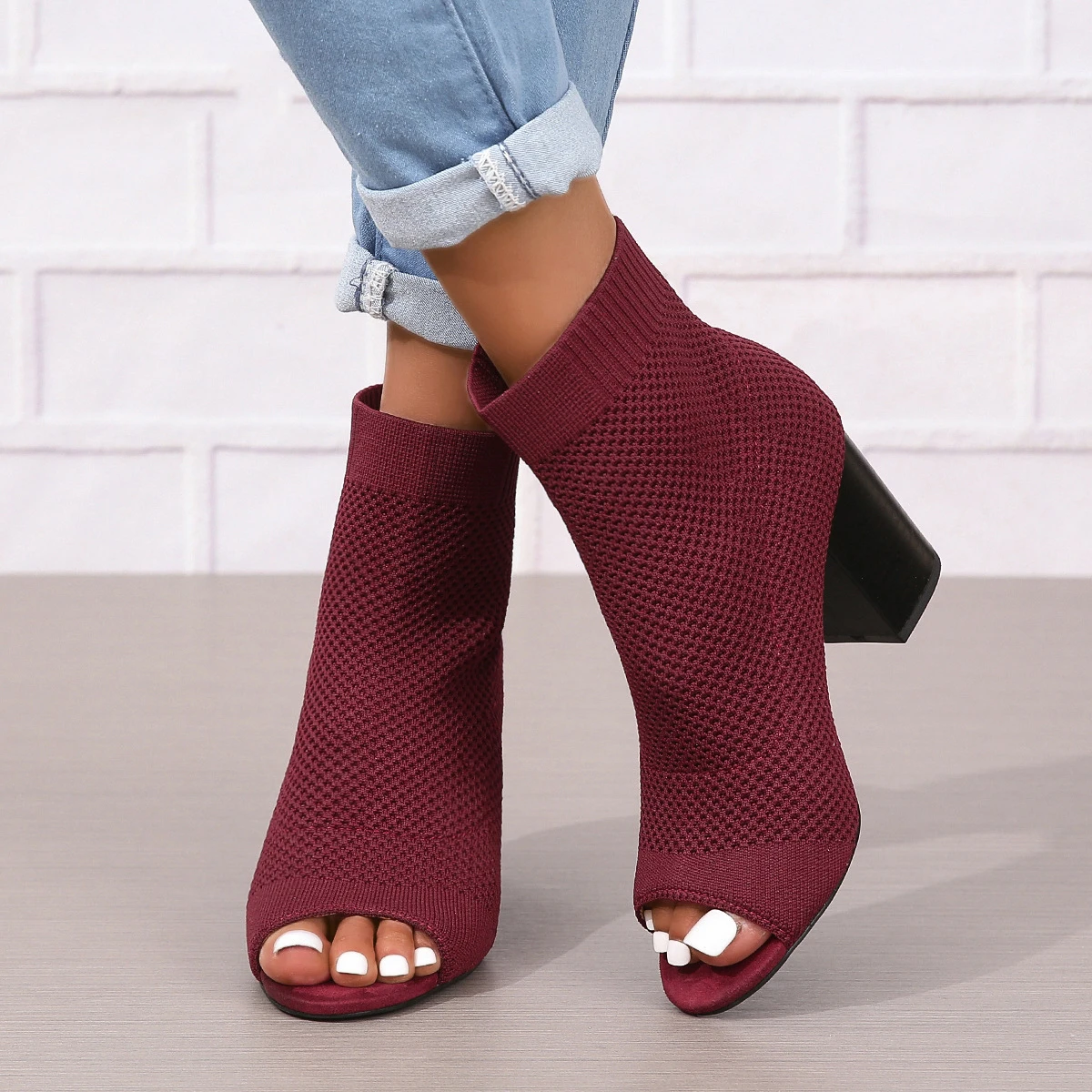 Fashion Peep Toe Black Fabric Knitting Ankle Socks Boots Small Hole Hollow Out Women Metal High Heels Party Dance Shoes Size 42