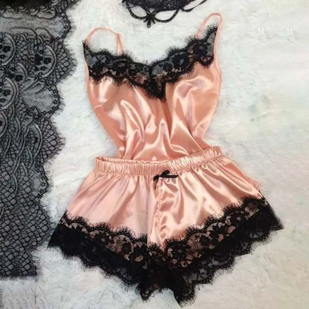 

Sweet Bowknot Lace Pajama Suit V-Neck Sleeveless Two Pieces Nightwear Loose Satin Ice Silk Lace Sleepwear Sets Gifts