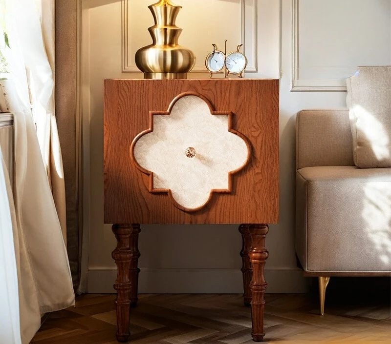 HHMedieval Bedside Table French Ash Wood Artistic Four-leaf Clover Walnut Sofa Side Table Bedroom Bedside Table