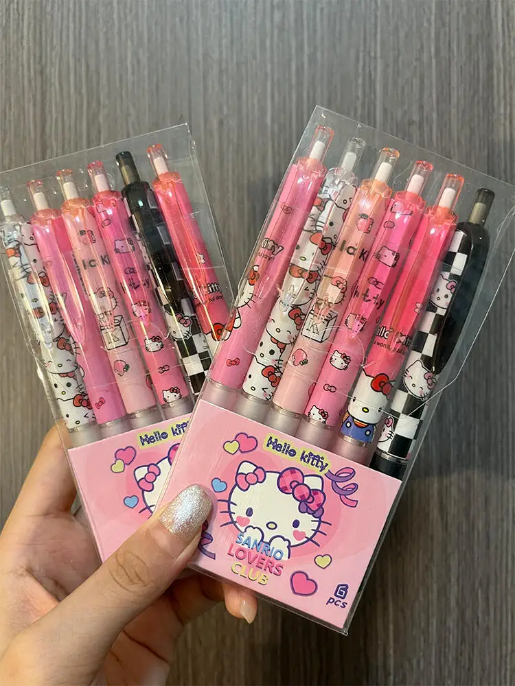 6Pcs Sanrio Gel Pen Hello Kitty Cartoon Kuromi ST Quick Drying Black 0.5mm Press The Ballpoint Pen Learning Stationery Gifts