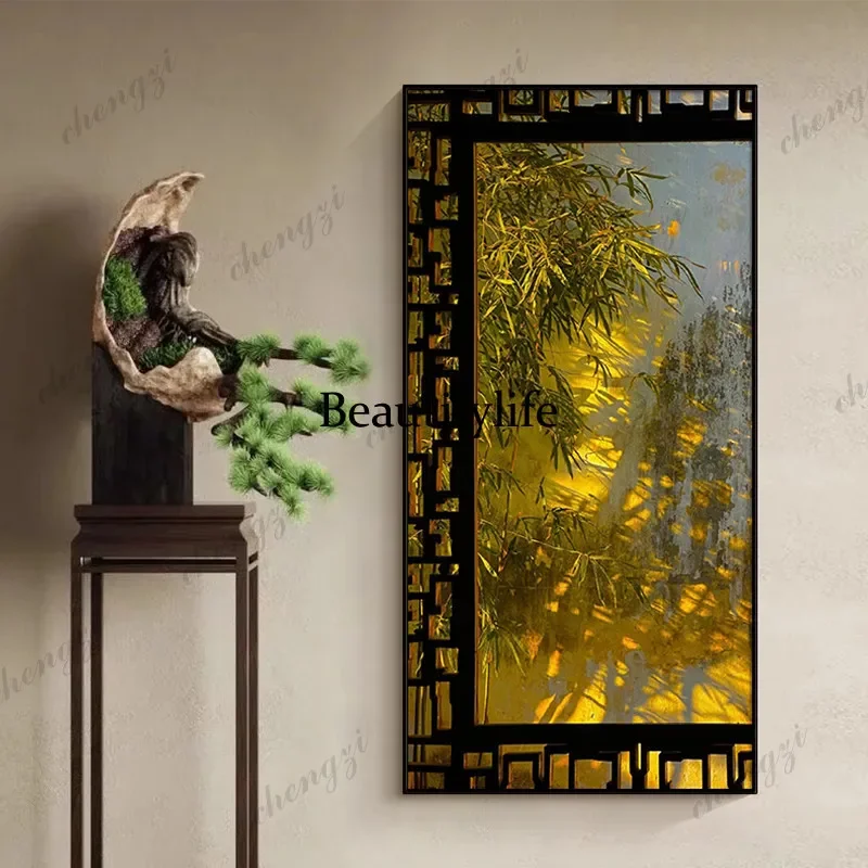 DD182Retro style golden bamboo forest entrance corridor decoration, vertical hanging paintings, light luxury, murals