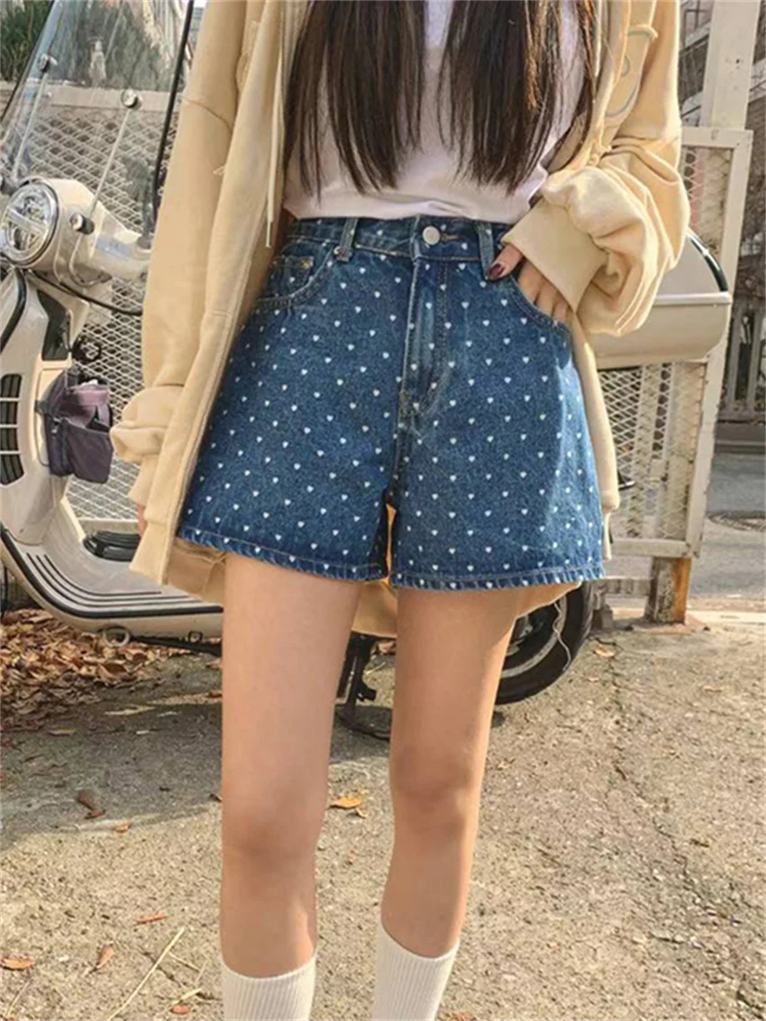 

Alien Kitty High Waist Denim Shorts Women Loose Summer Polka Dots Casual Jeanswear 2024 Vintage All Match Office Lady Wide Leg