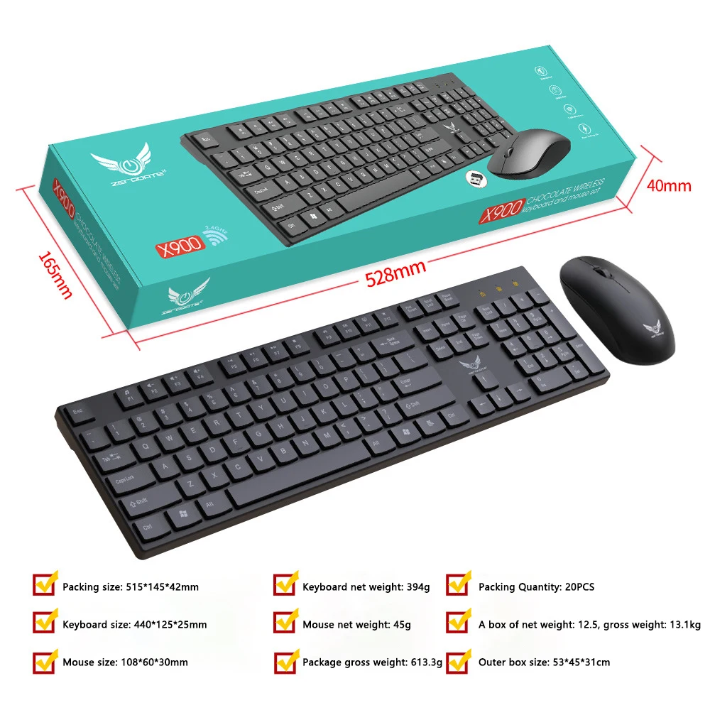 Teclado sem fio e Mouse Set, Adequado para Business Office Laptop, Fino e Leve, Mouse Chave 2.4G