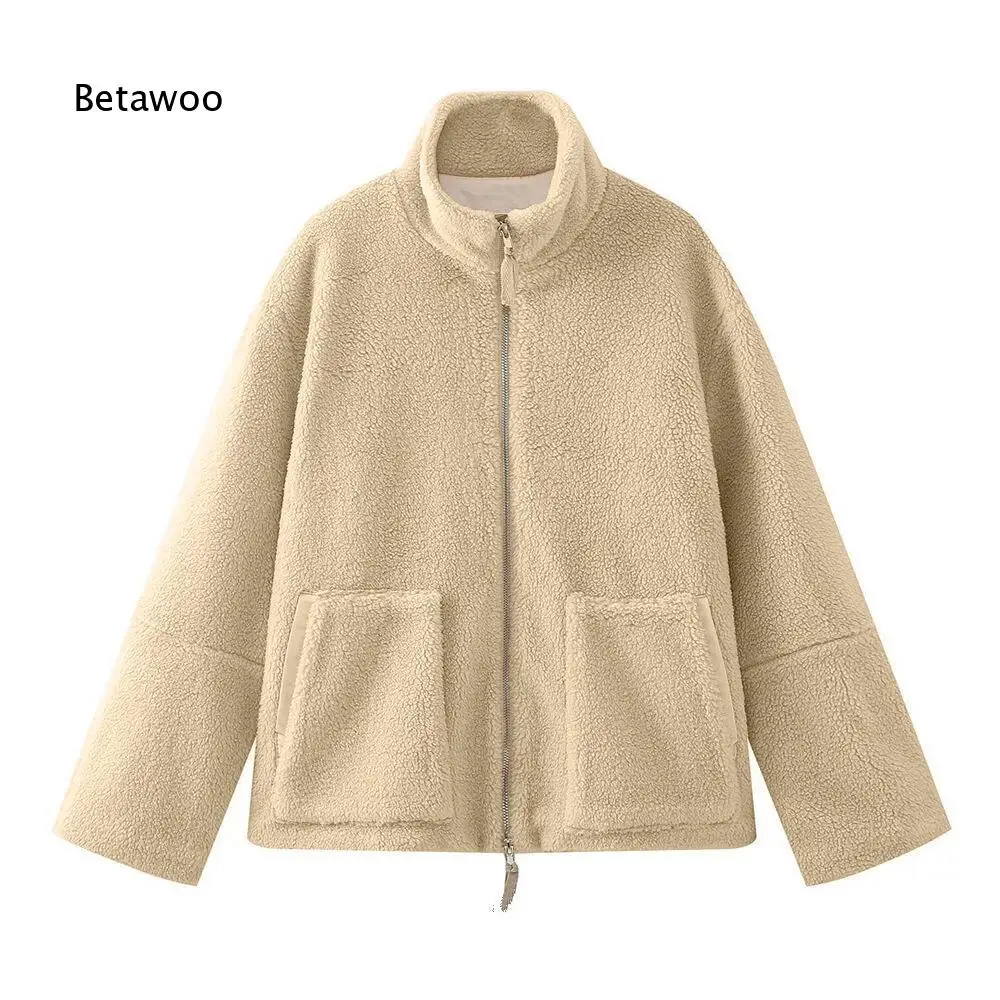 Women Casual Short Fuzzy Fleece Outer Coat Stand Collar Zip Up Design Long Sleeve Side Patch Pockets Relaxed Winter Tops