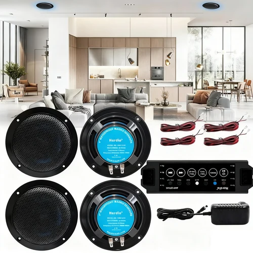 Herdio 4 ''320W 4PCS Altavoz de techo para barco marino Bluetooth Altavoces de pared impermeables para baño Cocina Cine en casa Negro