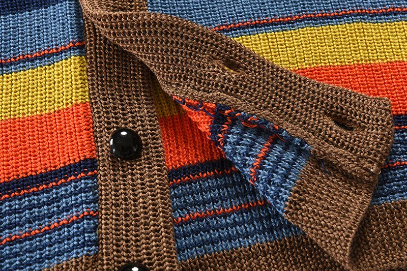 Herren Schalkragen Strickjacke Herbst Winter Farbblock Gestreifter Pullover Vintage Knopfleiste Lässige Lose Oberbekleidung Für M – Detail 7