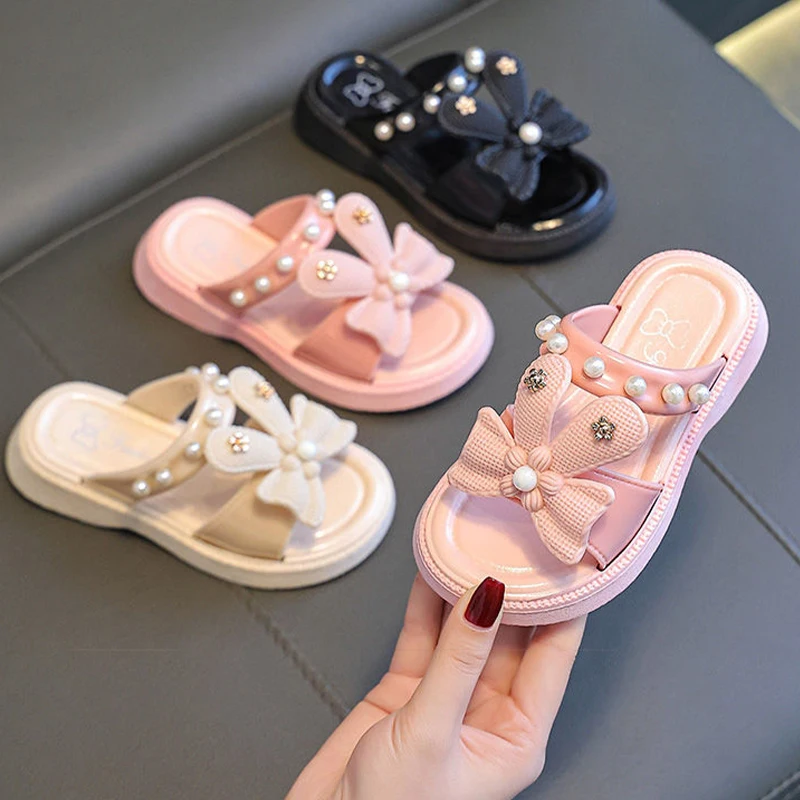 Girl Slippers Cute Bow Princess Summer Sandals 4-12 Years Old Girls Wearing Slippers Outside Children Fashionable Slippers