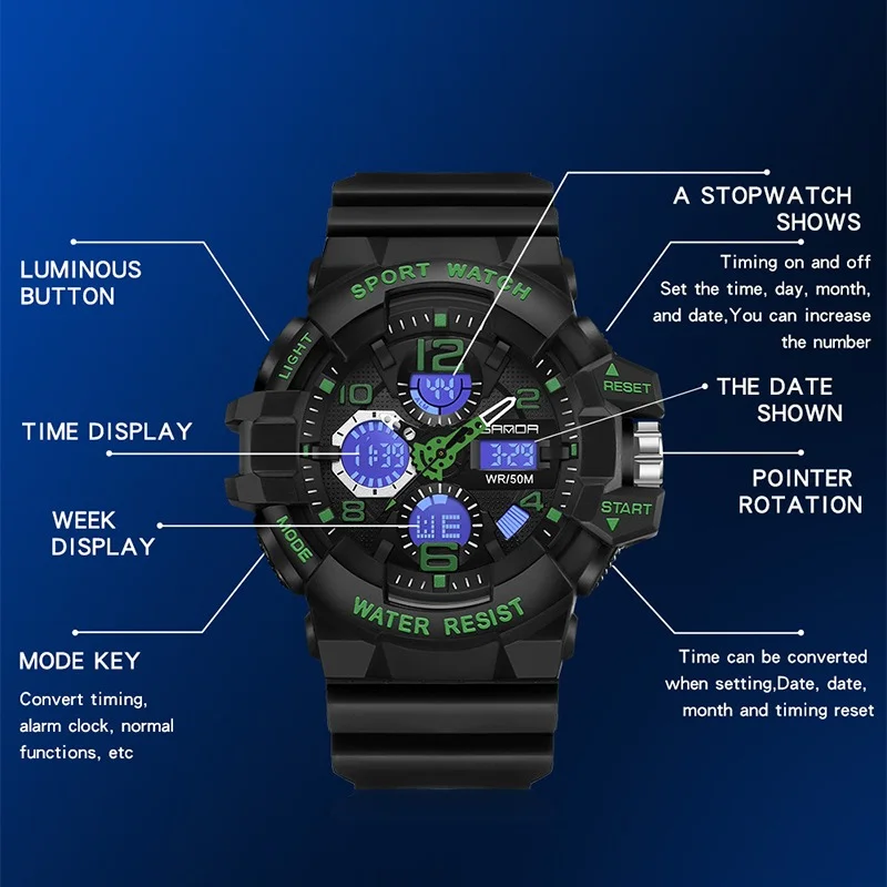 SANDA Brand Military Watch Men Digital Shock orologi sportivi per uomo orologio da polso elettronico impermeabile da uomo