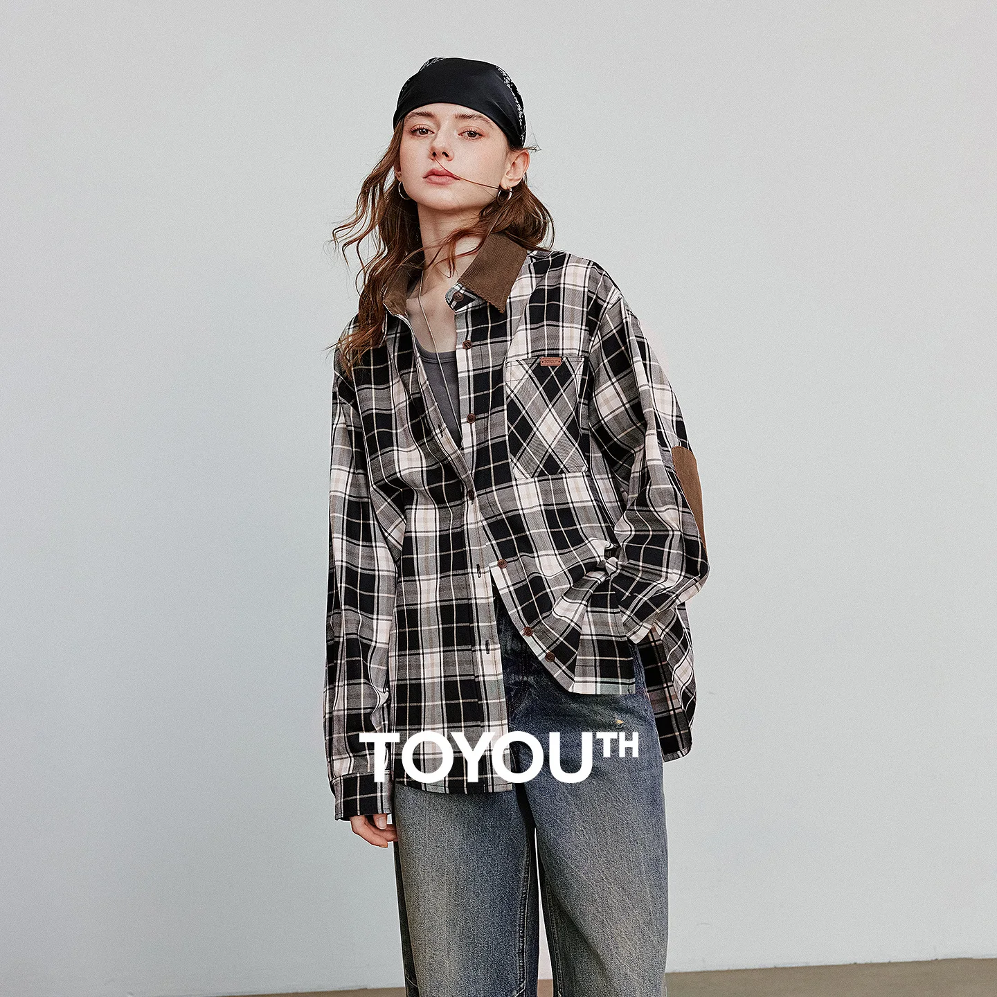 

TOYOUTH Women Blouse Shirt 2025 Autumn New Barn Style Retro Plaid Splicing Corduroy Streetwear Blusa Tops