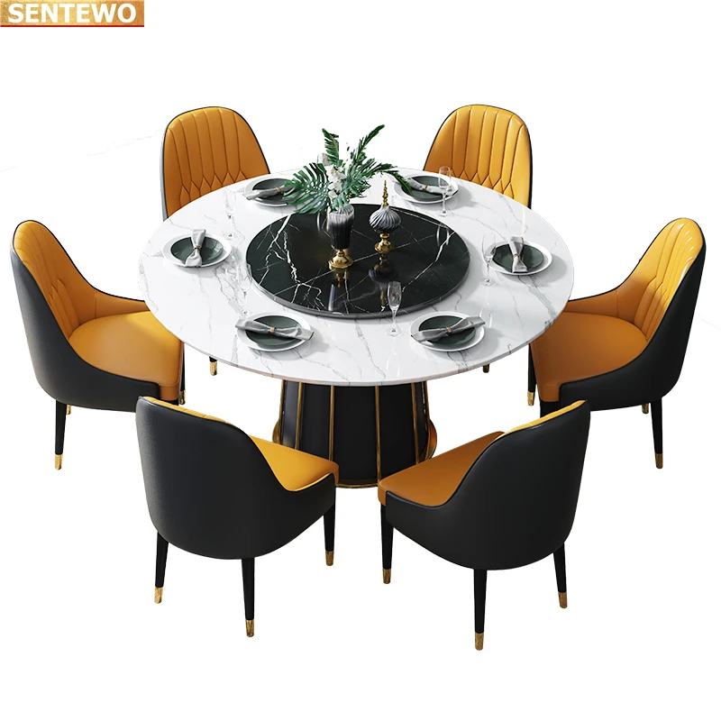 Designer Luxury round dinning Marble Rock Slab dining table set 4 6 chairs mesa tisch furniture meuble Stainless steel gold base