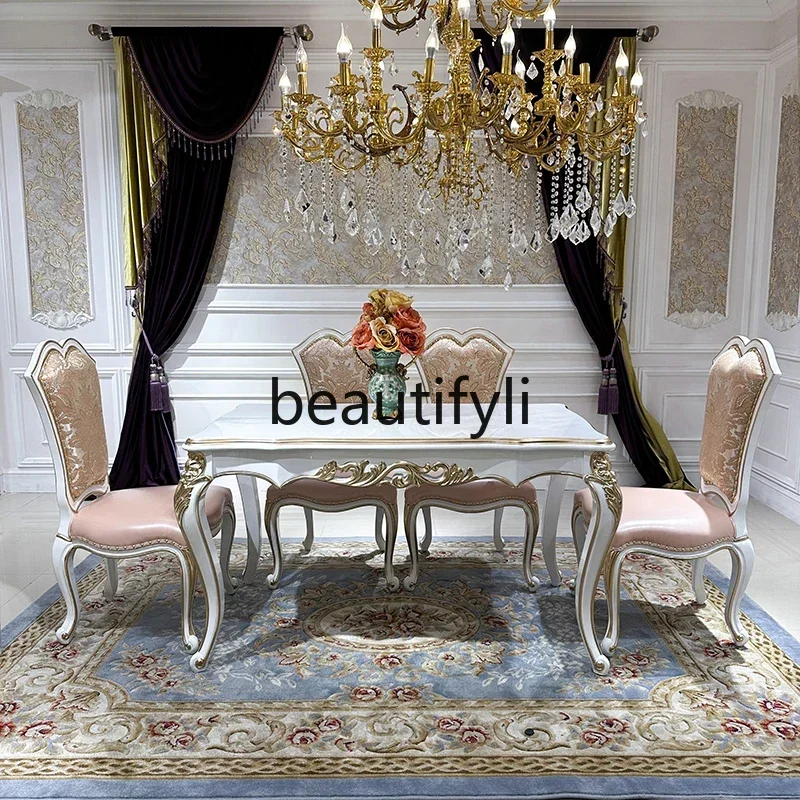 

A26 French solid wood dining table and chair combination, European court luxury carved rectangular dining table a16