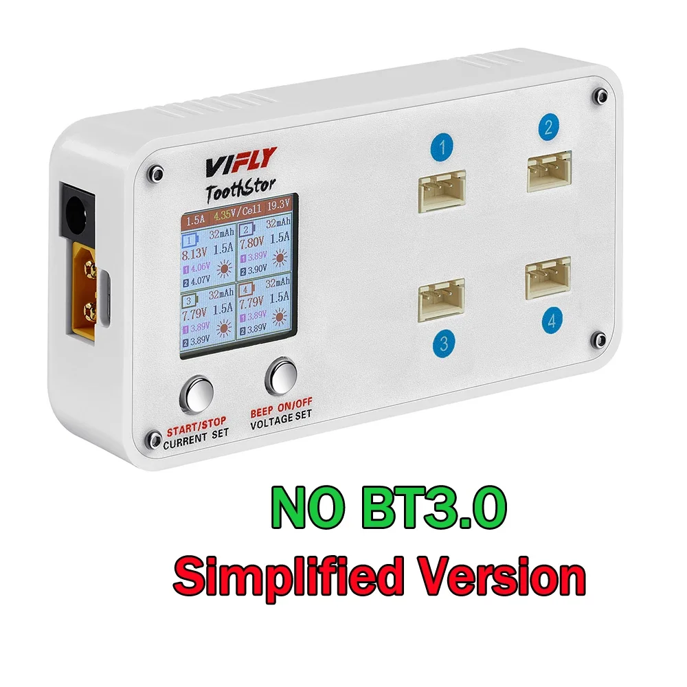 VIFLY ToothStor 4-poorts 2S balanslader met opslagmodus LCD-scherm LiHV/LiPo-batterij voor RC FPV Freestyle Racing Drone