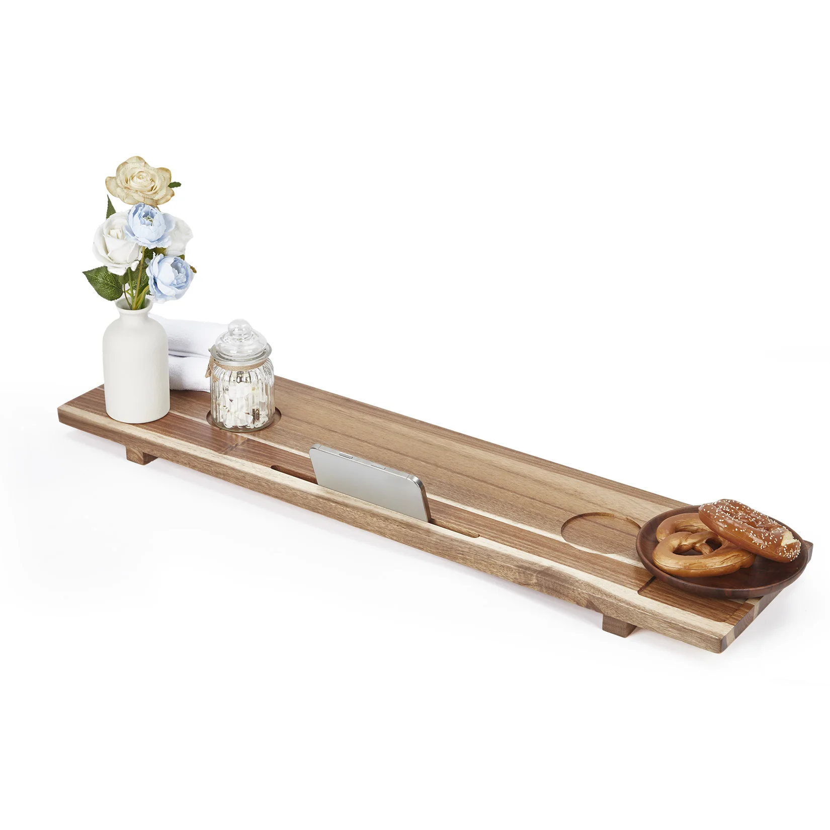 Expandable Bathtub Tray Caddy - Acacia Wood Bath Shelf with Non-Slip Grips, Wine Glass Holder, Phone/Tablet Slot, Rustic Spa Bath Board, Natural Finish