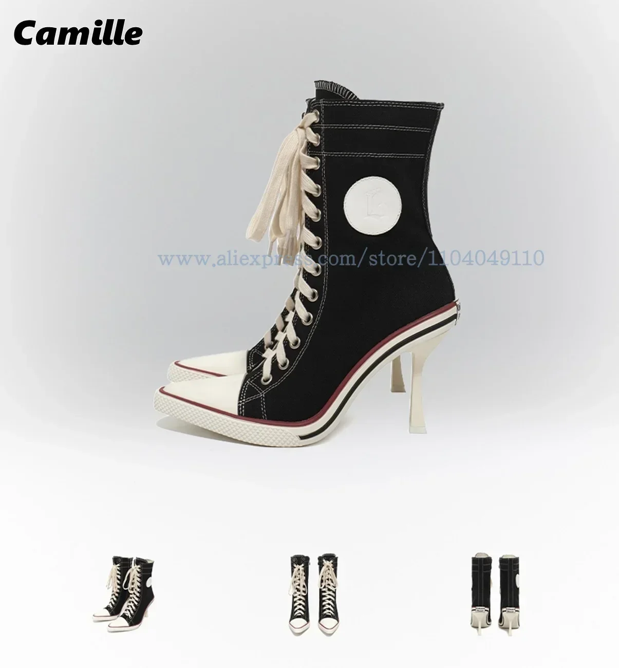 Retro Canvas Front Lace Up Sports High Heel Boots 2025 Mixed Color Mid Calf Casual Boots Pointed Toe Inner Zipper Modren Boots