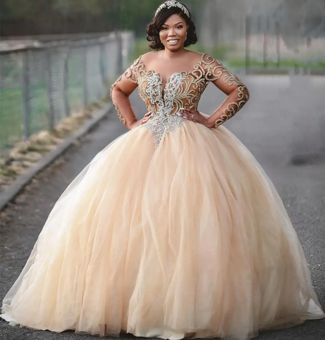 Customized Sheer Neck  Shinny Crystals Beads Champagne  Wedding Dress Vestido De Casamento Long Sleeves Ballgown Bridal Gowns