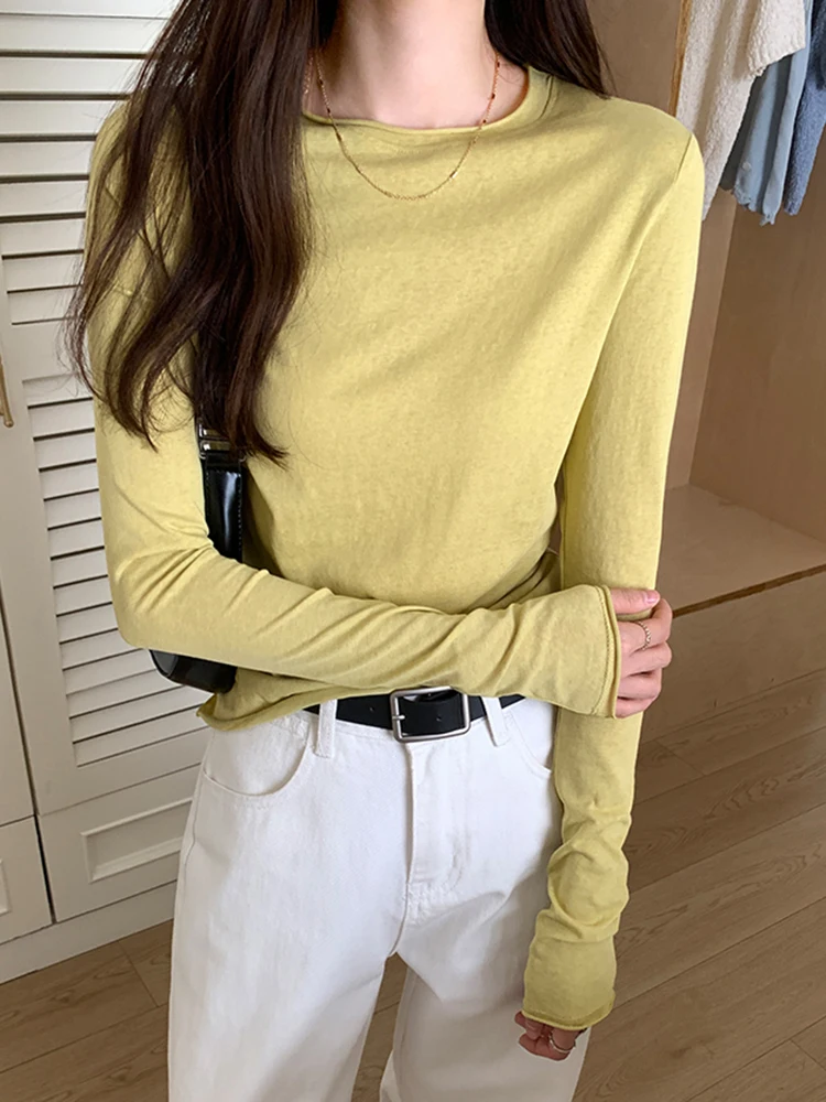 Spring Autumn T Shirt Women Tops Solid Long Sleeve Ruched O Neck Tshirts Female Korean Casual Streetwear High Quality Base Tees