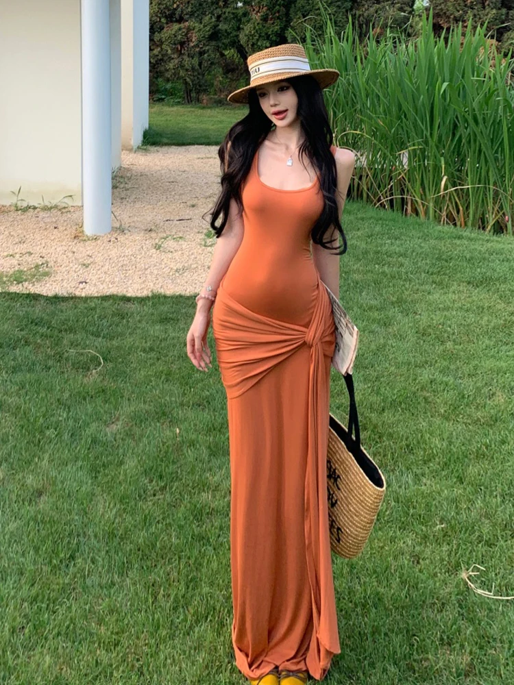 Korean Style Casual Commute Simple  Color U-Neck Sleeveless Wrap around Skirt Long Knitted Dress Women's Fashion Summer
