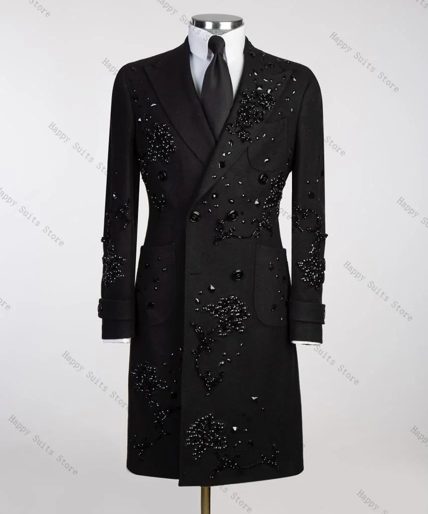 

Black Crystals Cashmere Men Suit 1 Pcs Long Blazer Woolen King Coat Formal Office Wedding Tuxedo Customized Jacket Outfit