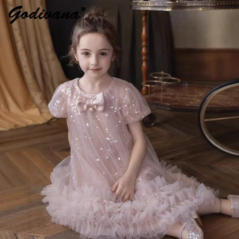 European Style Sweet Girls Sequin Mesh Splice Bow Princess Dress 2026 New Summer Fashion Girls Flare Sleeve Birthday Party Dress