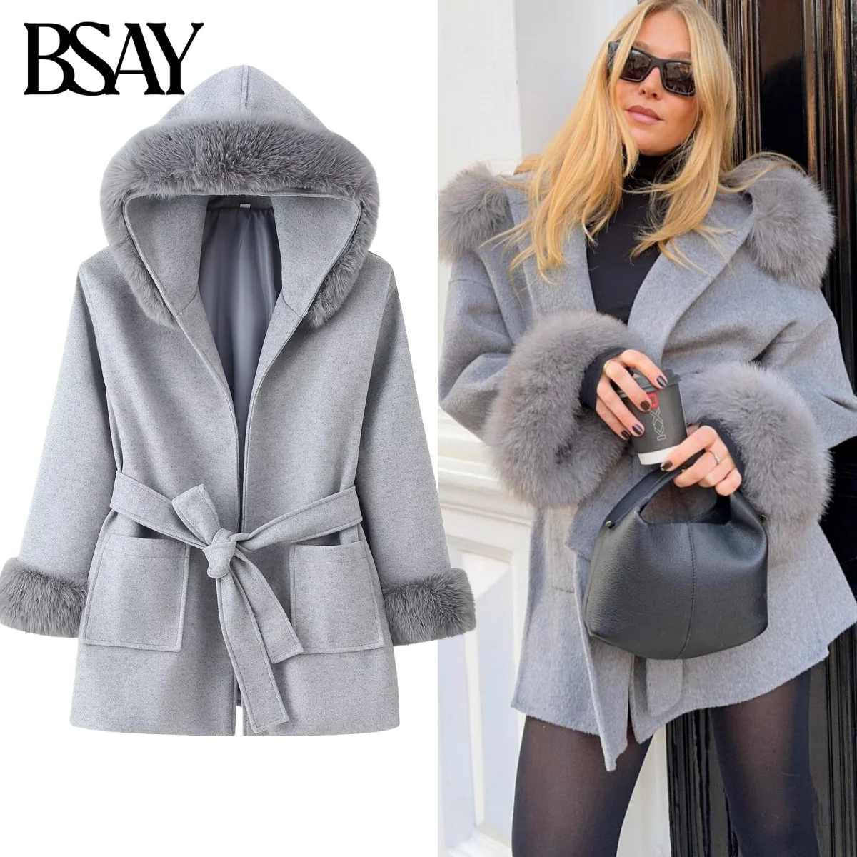 

BSAY Hooded Lace Up Loose Woolen Coat for Women Fashion Autumn Winter New Solid Color Pocket Long Sleeved Coats Jacket Mujer