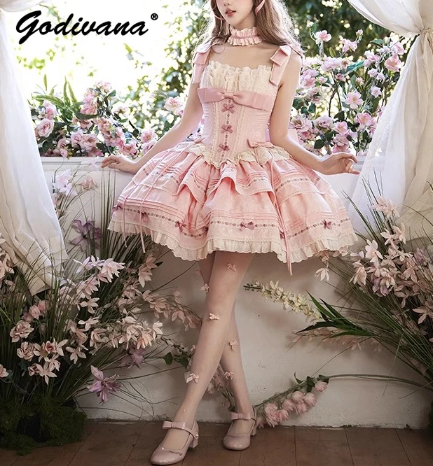Abito da principessa rosa Jsk per ragazze in stile balletto, nuovo originale, estivo, per ragazze dolci, da donna, con fiocco sottile, per feste di compleanno