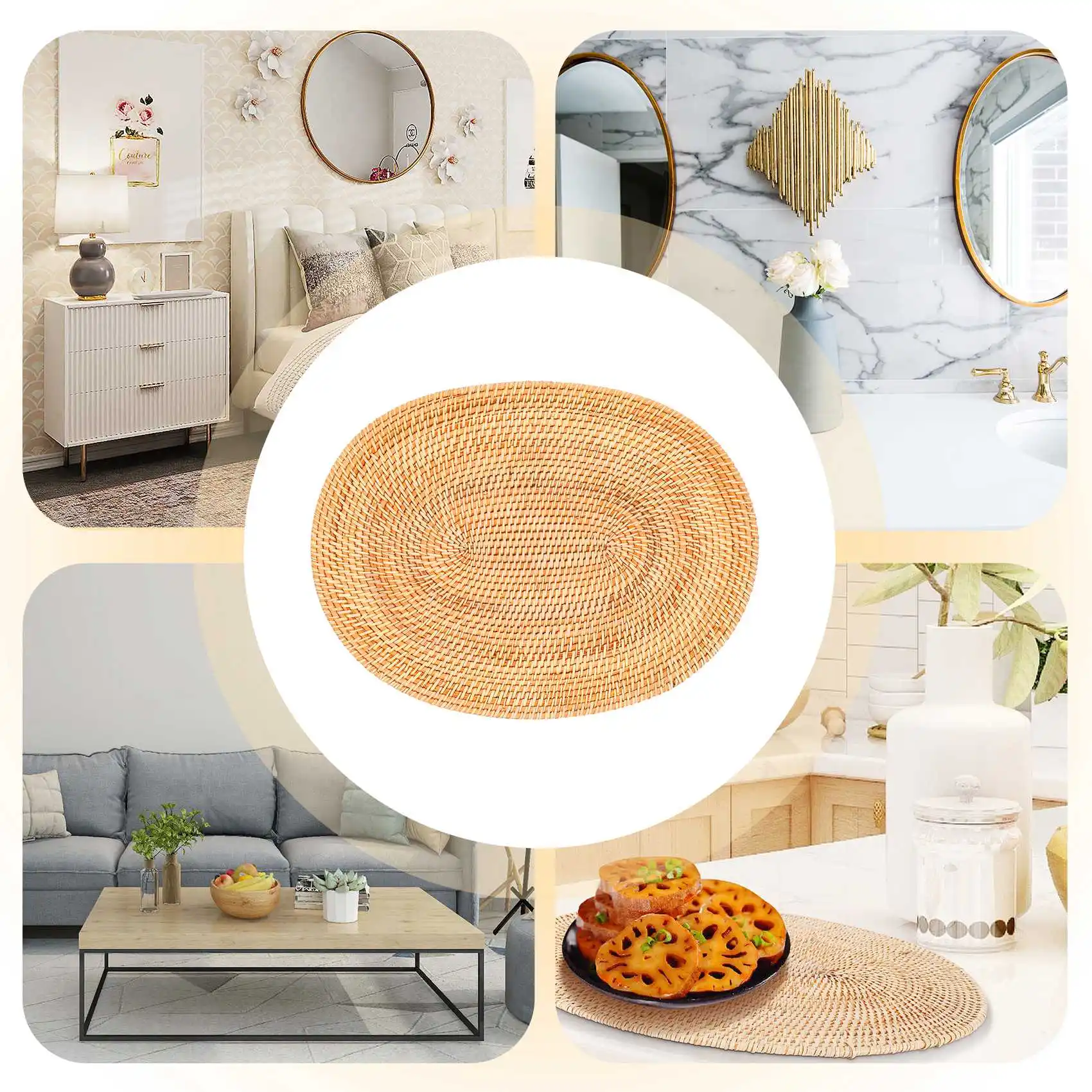 AB51 2 قطعة مفرش طاولة بيضاوي من الروطان، منسوج يدويًا من الروطان الطبيعي، ملحقات حفل الشاي، مناسبة لغرفة الطعام والمطبخ، إلخ