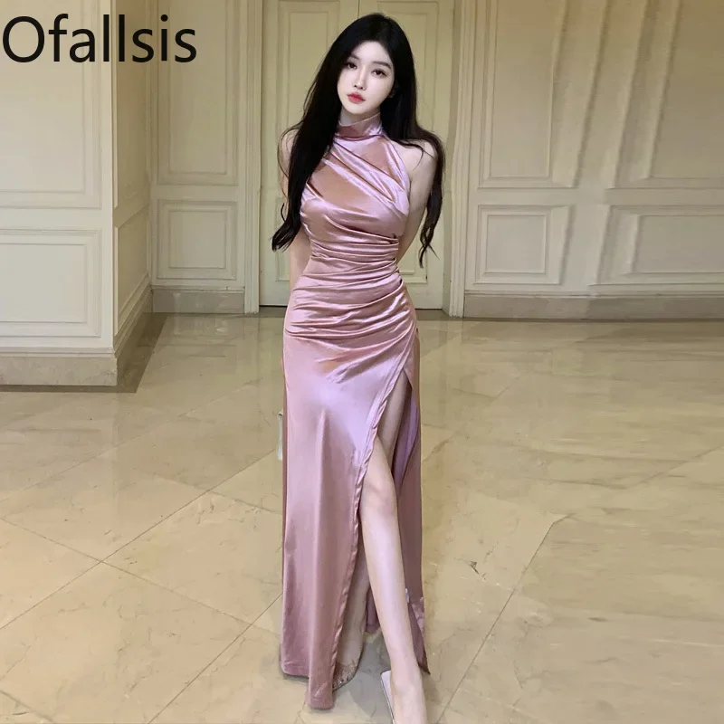 Ofallsis Graceful Hanging Neck Backless Sleeveless Slit Long Dress 2024 Summer New Pleated Stand Up Collar Socialite Dresses