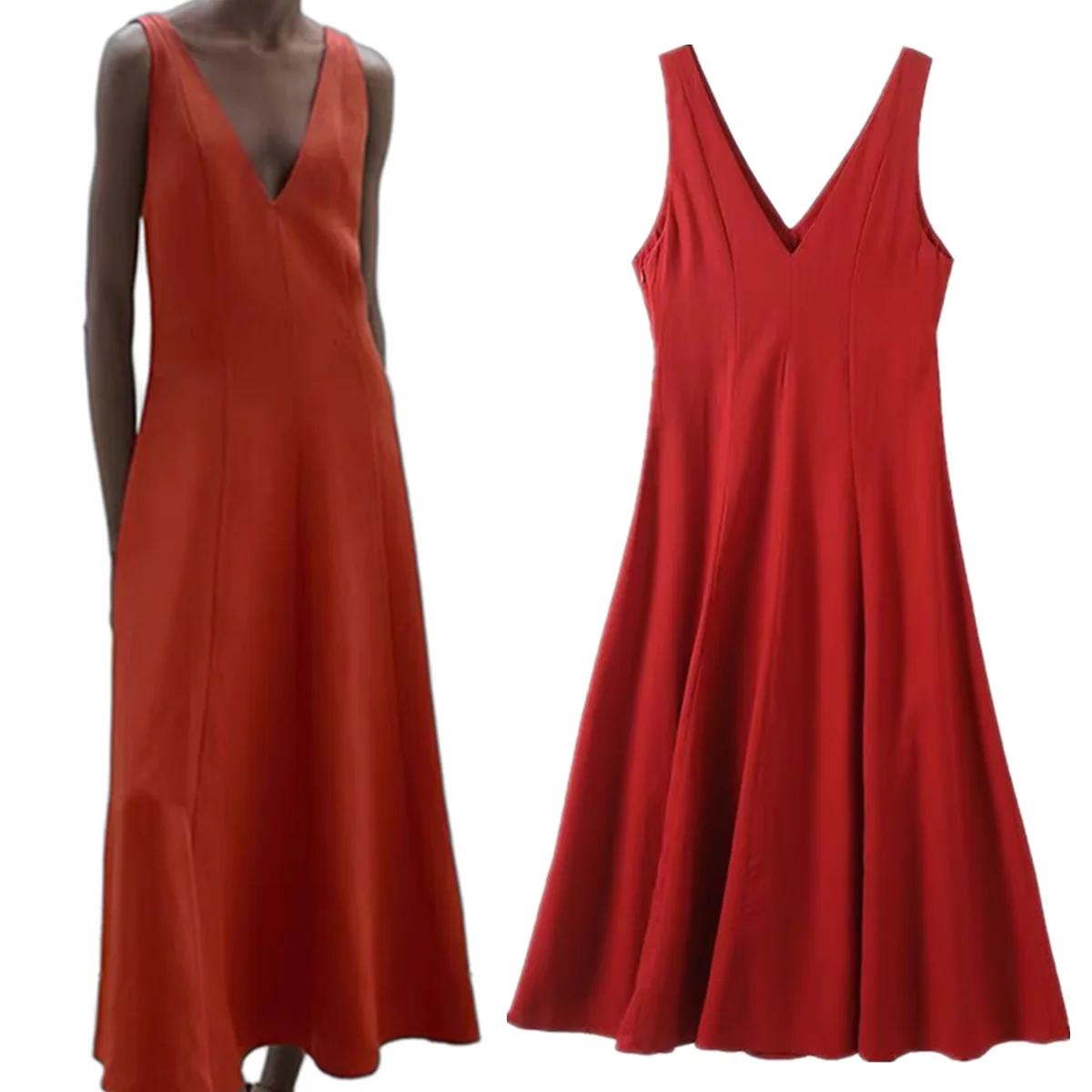 

Dave&Di French Office Ladies Country Lazy Linen Tank Dress Minimalist Brick Red Retro V-Neck Sleeveless Midi Dress Dresses Vesti