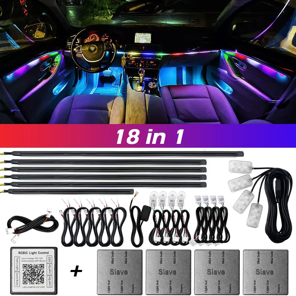 18 in 1 Symphony Dual Zone Car LED Ambient Light Full Color Streamer RGB Hidden Interior Acrylic Strip Decoration Atmosphere Kit