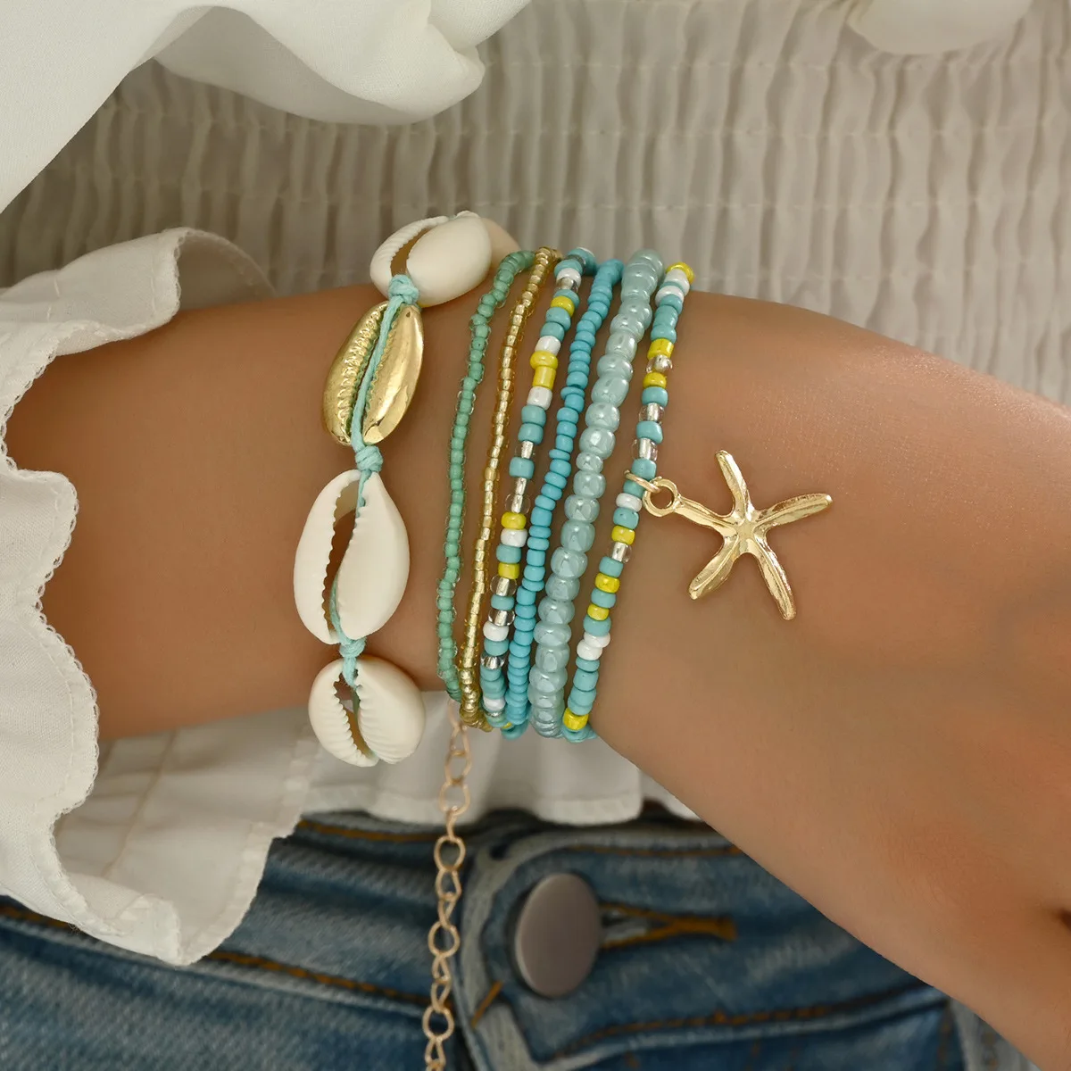 7Pcs/Set Bohemian Shell Beaded Woven Bracelet Starfish Rice Beads Women Bracelet Set Beach Party Seaside Holiday Leisure Jewelry image 6
