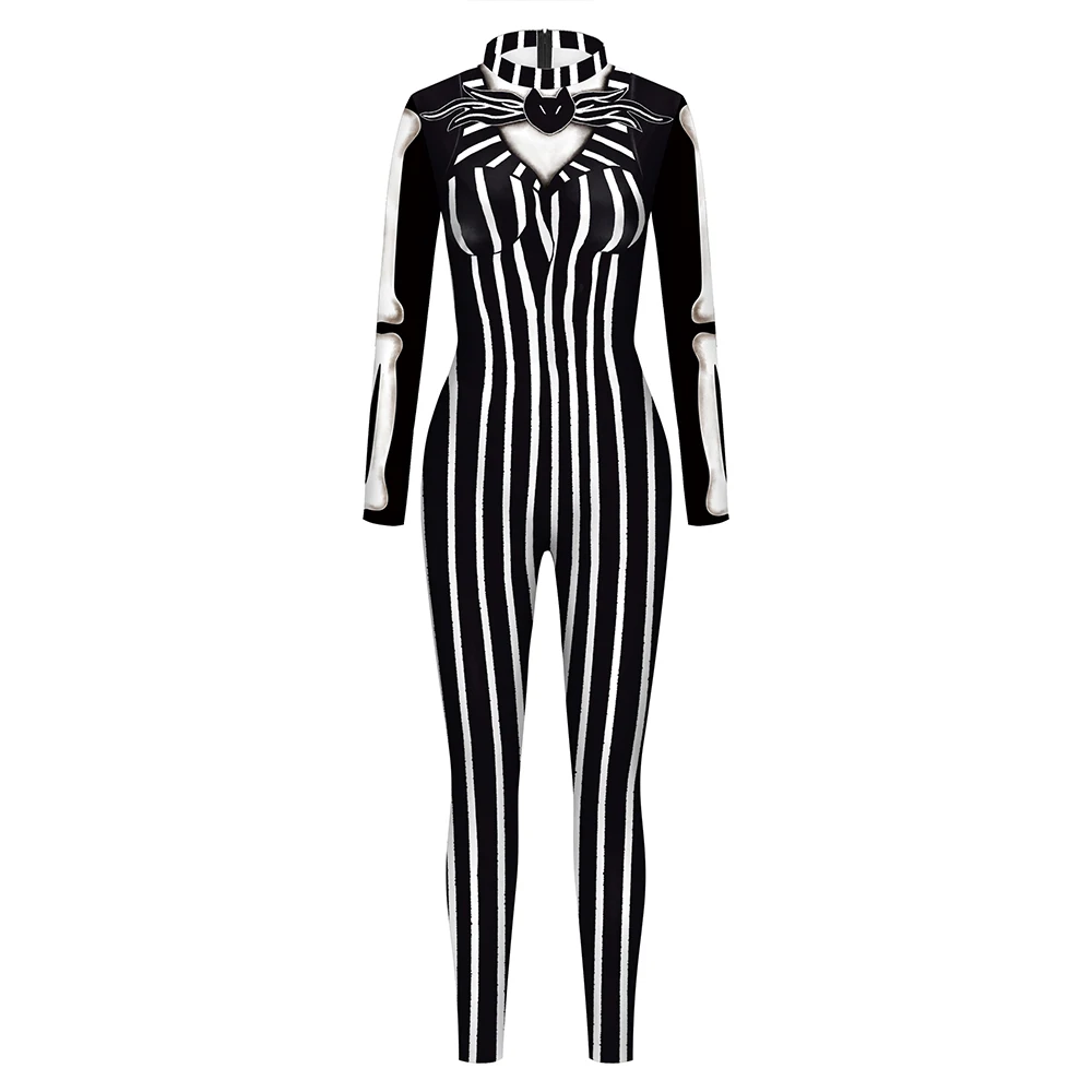 Halloween Holiday Party Disguise Oufit Cosplay Costume Men Women Stripe Print Sexy Bodysuit Stage Performance Jumpsuit Catsuit