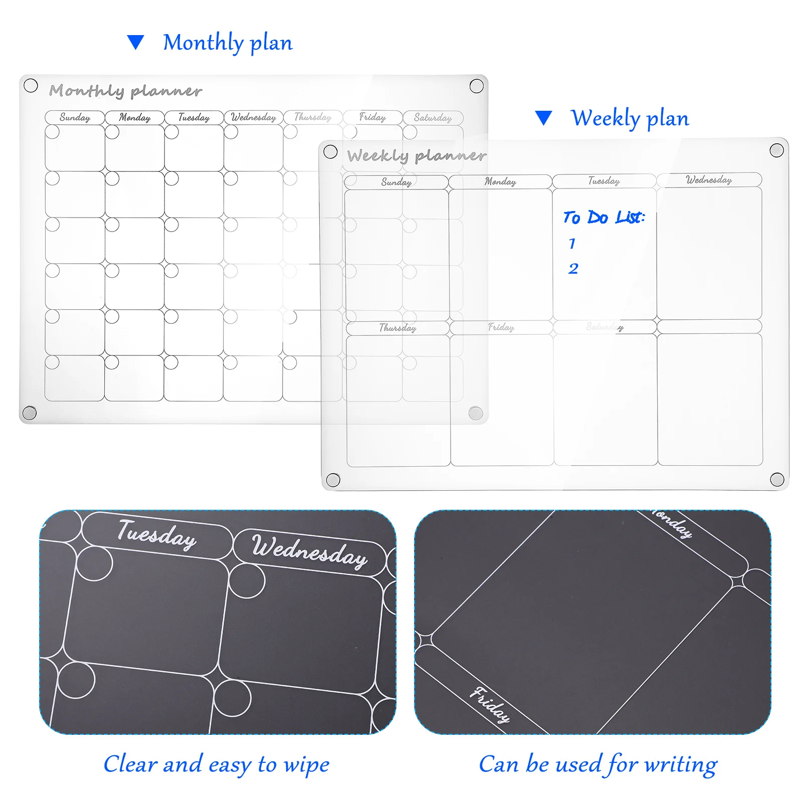2Pcs Transparent Acrylic Writing Boards Clear Monthly Weekly Planner Schedule Message Board Magnetic Fridge Board