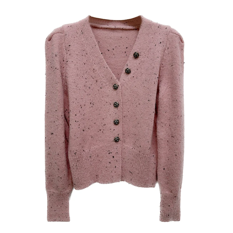 2024 Spring Stylish Elegant Cardigan Sweater For Women Long Sleeve V-neck Rose Buttons Knitwear Tops Fashion Chic Ladies Jumpers